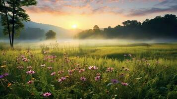 erba prato mattina verde paesaggio ai generato foto