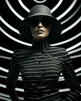 un' Impressionante donna ornato nel un' nero e bianca a strisce camicia e cappello, trasudante il essenza di avanguardia moda e artistico espressione, ai generativo foto