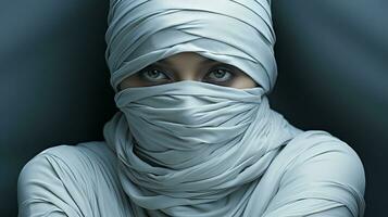un' donna indossare un' bianca sciarpa, ai generativo foto