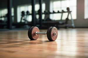 paio di manubri su un' di legno pavimento nel un' palestra. grande per fitness, allenamento, e esercizio concetti. generativo ai foto