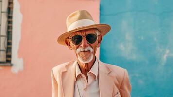 elegante estate ritratto anziano uomo nel occhiali da sole su pastello, ai generativo foto