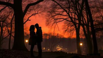 romantico tramonto sagome per san valentino giorno nel il sera incandescenza, ai generativo foto