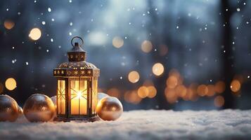 Natale lanterna leggero su neve sfondo con ornamenti nel sera scena, ai generato foto