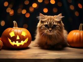 Halloween decorativo con gatto su di legno tavolo superiore con sfocato notte scena sfondo, ai generato foto