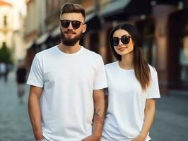 un' coppia fidanzato e fidanzata indossare vuoto bianca accoppiamento magliette modello per design modello, ai generato foto