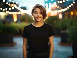 attraente giovane donna indossare vuoto vuoto nero maglietta modello per design modello, ai generato foto