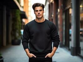 attraente giovane uomo indossare vuoto vuoto nero maglietta lungo maniche modello per design modello, ai generato foto