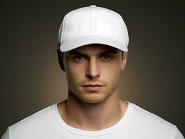 un' uomo indossare vuoto vuoto bianca berretto modello per design modello, ai generato foto
