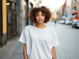 attraente giovane donna indossare vuoto vuoto oversize bianca maglietta modello per design modello, ai generato foto