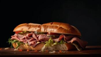 grigliato carne su Ciabatta, fresco buongustaio Sandwich generato di ai foto