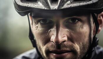 caucasico atleta nel gli sport casco Ciclismo all'aperto con determinazione e messa a fuoco generato di ai foto