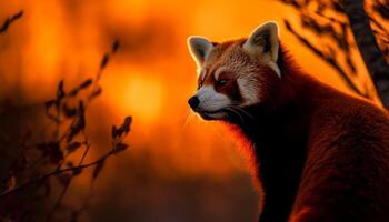 soffice rosso panda seduta su albero ramo generato di ai foto