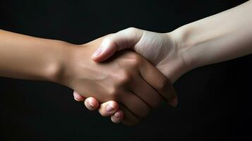 foto vicino su di mano durante mano tremante. nero pelle persone mani e bianca pelle persone mano durante mano tremante. isolato su nero sfondo. generativo ai