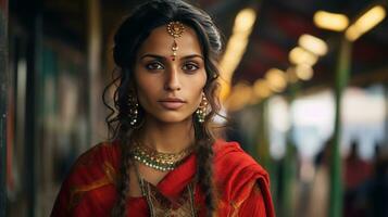 ritratto triste indiano donna nel il tradizionale vestito ai generativo foto