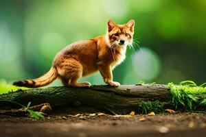 un' rosso gatto in piedi su un' log nel il foresta. ai-generato foto