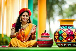 un' donna nel tradizionale indiano abbigliamento si siede Il prossimo per un' pentola. ai-generato foto