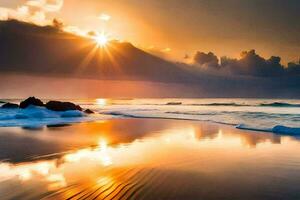 il sole sorge al di sopra di il oceano e onde su un' spiaggia. ai-generato foto