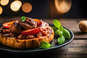 un' piatto con un' fetta di Pizza e verdure. ai-generato foto