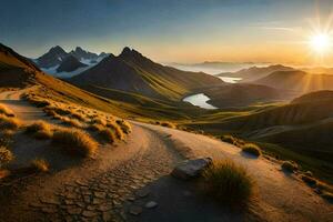 il sole sorge al di sopra di il montagne nel Questo bellissimo paesaggio. ai-generato foto