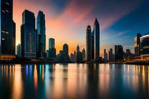 il città orizzonte a tramonto nel dubai. ai-generato foto