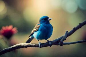 un' blu uccello si siede su un' ramo nel davanti di un' fiore. ai-generato foto