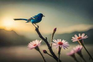 un' blu uccello arroccato su un' ramo con fiori nel il sfondo. ai-generato foto