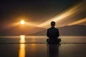 un' uomo nel un' completo da uomo si siede su il spiaggia a tramonto. ai-generato foto