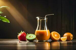 fresco succo nel un' brocca e frutta su un' tavolo. ai-generato foto