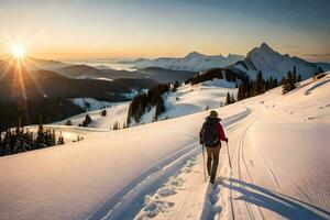 un' persona a piedi su neve nel il montagne. ai-generato foto