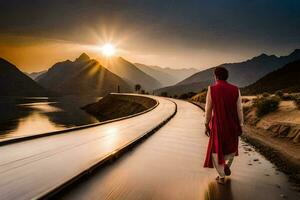 un' uomo nel un' rosso vestito passeggiate giù un' strada vicino un' lago. ai-generato foto