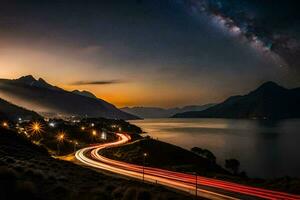 un' auto unità lungo un' strada a notte con il latteo nel il cielo. ai-generato foto