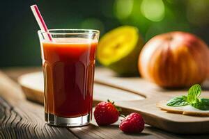 un' bicchiere di succo con fragole e un' fetta di pane. ai-generato foto