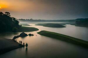 persone camminare lungo il fiume a Alba. ai-generato foto