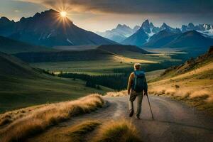 un' uomo con zaino e il trekking poli passeggiate su un' strada nel il montagne. ai-generato foto