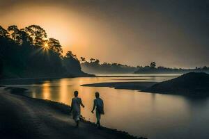 Due persone a piedi lungo il riva di un' fiume a tramonto. ai-generato foto