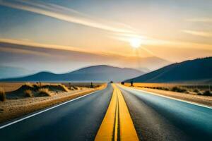 un' lungo vuoto strada nel il deserto con il sole ambientazione. ai-generato foto