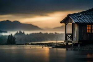 un' piccolo cabina si siede su il riva di un' lago a tramonto. ai-generato foto