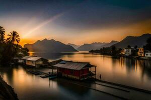 un' bellissimo tramonto al di sopra di un' fiume con case su il costa. ai-generato foto