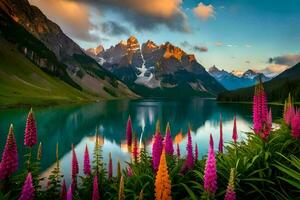 il lago e fiori siamo bellissimo nel il montagne. ai-generato foto