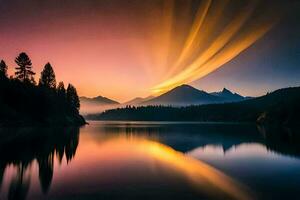 foto sfondo il cielo, montagne, lago, alberi, riflessione, il sole, montagne, lago. ai-generato