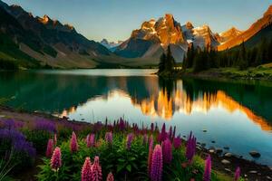 il montagne siamo riflessa nel il acqua e fiori siamo fioritura. ai-generato foto