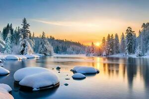 un' bellissimo inverno tramonto al di sopra di un' fiume. ai-generato foto