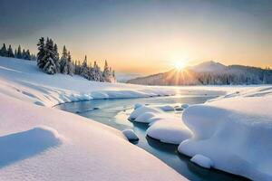 neve coperto montagne e un' fiume nel il inverno. ai-generato foto