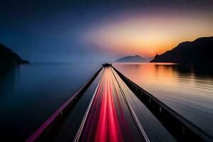 un' lungo esposizione foto di un' auto guida su un' ponte al di sopra di acqua. ai-generato