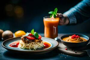 un' piatto di cibo con spaghetti e pomodoro salsa. ai-generato foto