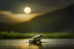 un' rana seduta su il terra nel davanti di un' pieno Luna. ai-generato foto