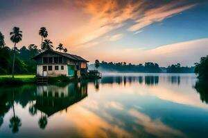 un' Casa si siede su il bordo di un' lago a tramonto. ai-generato foto