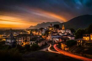 un' cittadina a tramonto con lungo esposizione. ai-generato foto