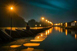 foto sfondo il notte, Barche, il acqua, il città, il luci, il città,. ai-generato