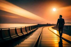 un' uomo nel un' completo da uomo passeggiate lungo un' treno traccia a tramonto. ai-generato foto